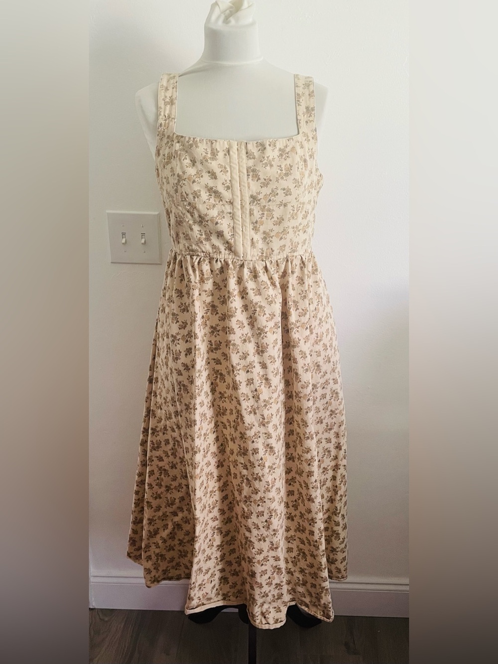 Blu Pepper Corset Midi Dress 10 Beige Floral A-line Denim Cottagecore Romantic